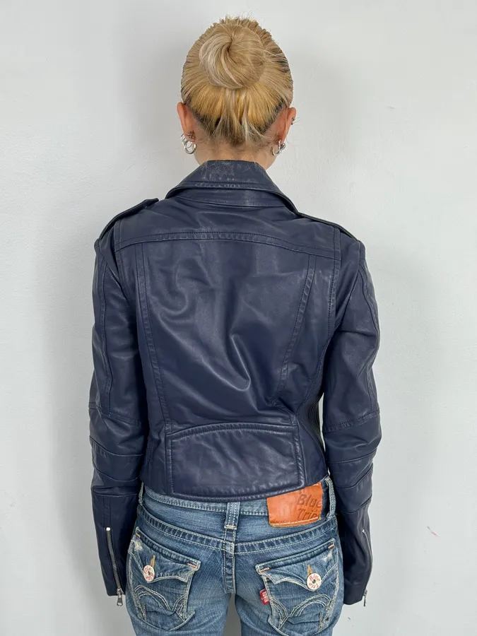 2010s Pierre Balmain Perfecto Biker Blue Leather Jacket - Image 3