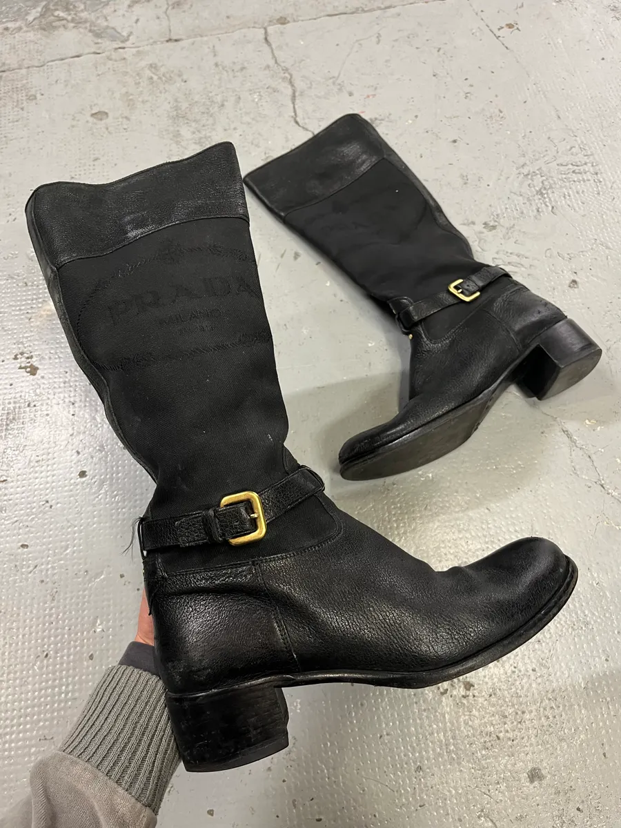 2010s Prada Black Leather Buckle Knee-High Boots