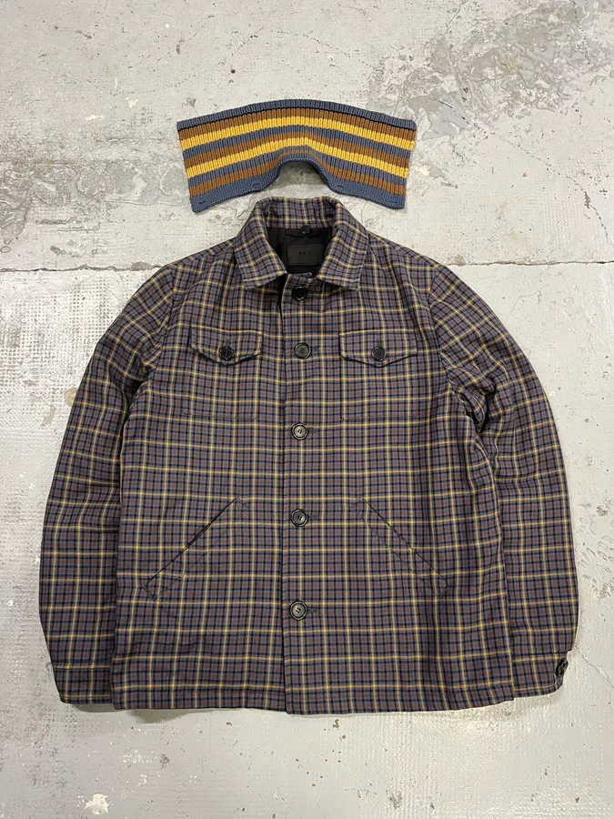 2010s Prada Wool Checkered Detachable Colar Jacket