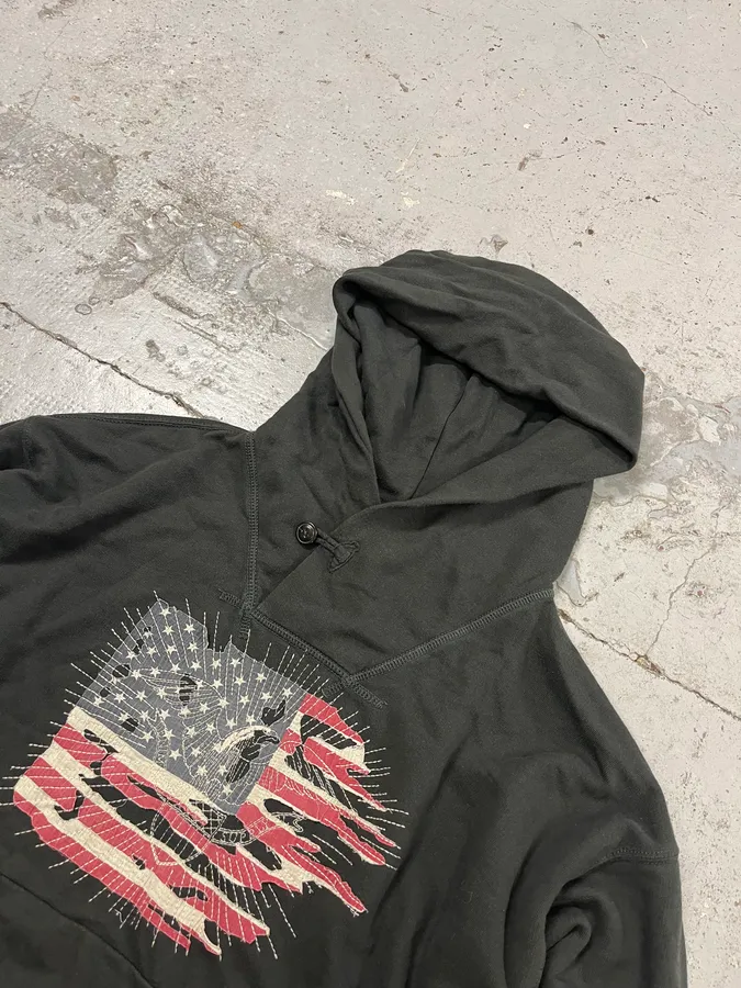 2010s Ralph Lauren American Distressed Flag Black Fadded Hoodie - Image 6