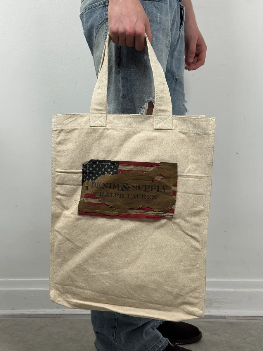 2010s Ralph Lauren Beige Distressed American Flag Tote Bag