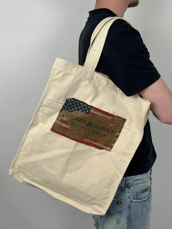 2010s Ralph Lauren Beige Distressed American Flag Tote Bag - Image 3