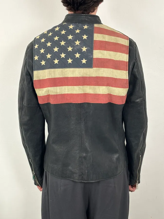2010s Ralph Lauren Black Buffalo Leather American Flag Biker Jacket - Image 4