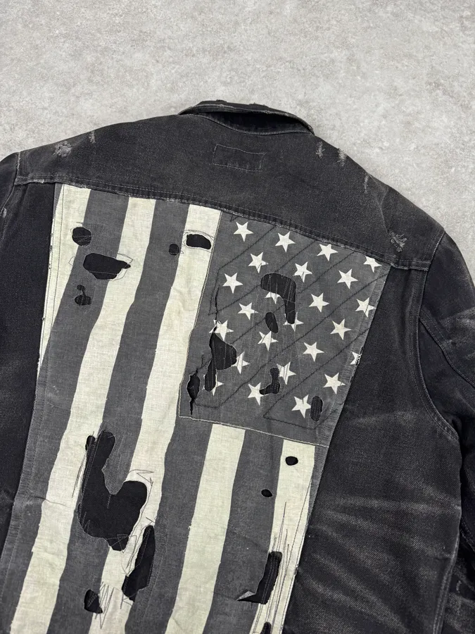 2010s Ralph Lauren Black Distressed USA Flag Denim Jacket - Image 6