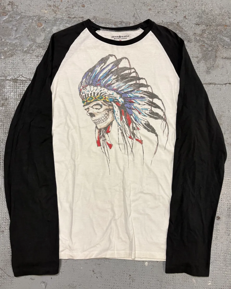 2010s Ralph Lauren Black & White Indian Chief Skull Raglan Longsleeve T-Shirt
