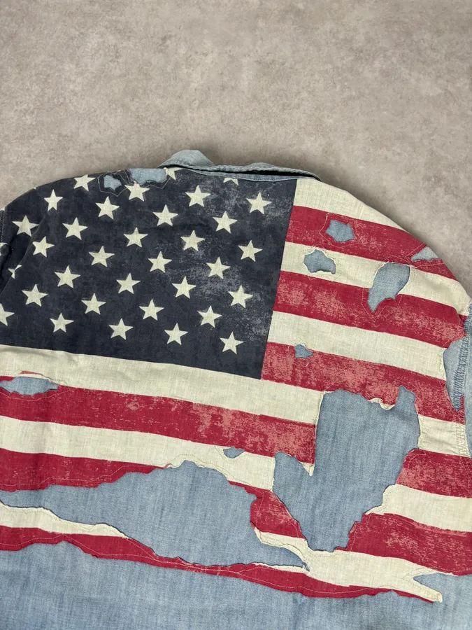 2010s Ralph Lauren Blue Denim Distressed USA Flag Shirt - Image 6