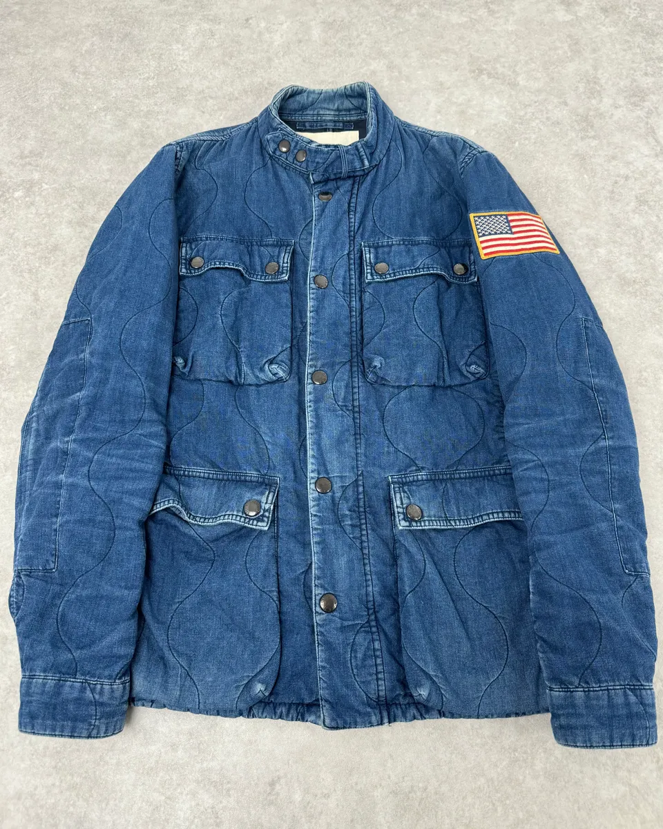 2010s Ralph Lauren Denim USA Flag Blue Aviator Denim Jacket