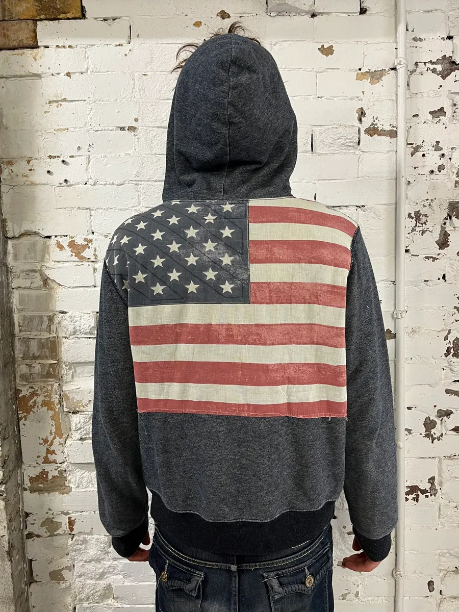 2010s Ralph Lauren Grey American Flag Print Cotton Zip-up Hoodie