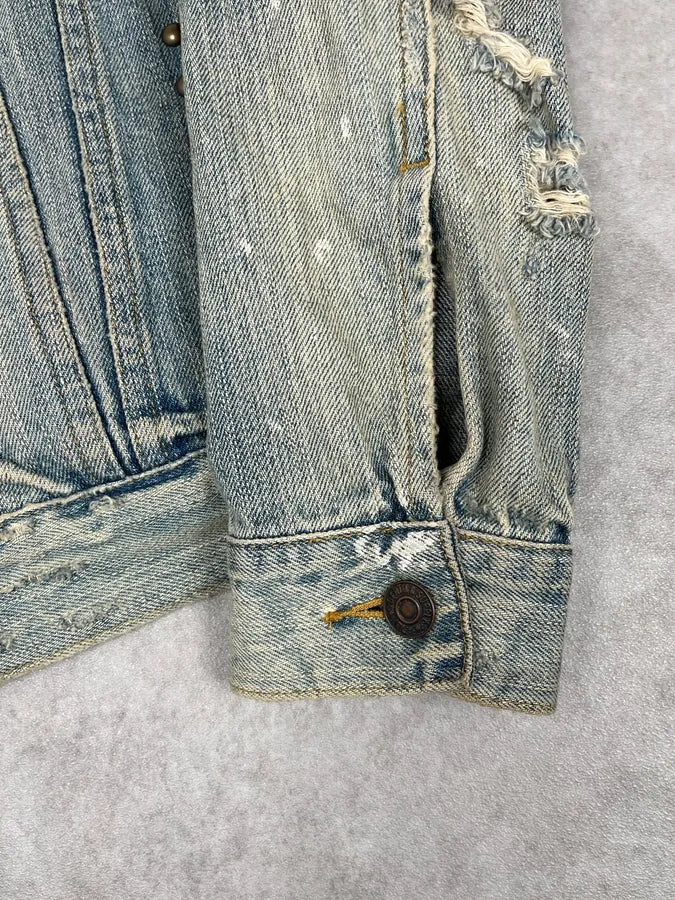 2010s Ralph Lauren Light Blue Studded USA Flag Denim Jacket - Image 10