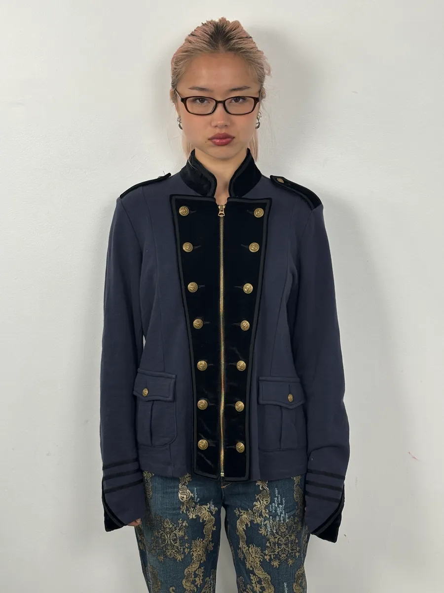 2010s Ralph Lauren Navy & Black Velvet Officer Jacket - Image 2