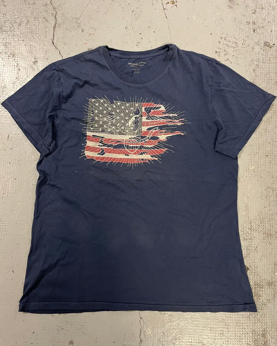 2010s Ralph Lauren Navy Embroidered American Flag T-Shirt - Image 4