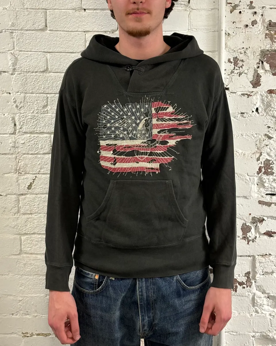 2010s Ralph Lauren Olive Distressed American Flag Hoodie - Image 2