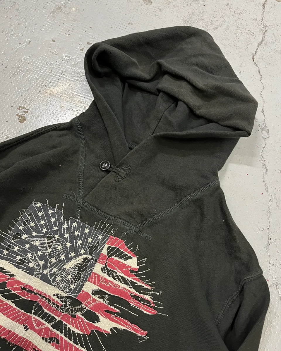 2010s Ralph Lauren Olive Distressed American Flag Hoodie - Image 5