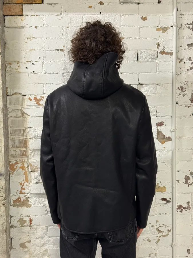 2010s Roberto Cavalli Black Leather Hooded Jacket - Image 3