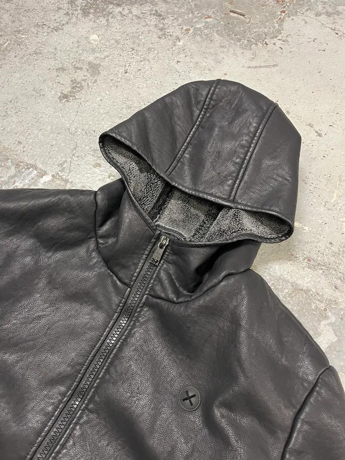 2010s Roberto Cavalli Black Leather Hooded Jacket - Image 5