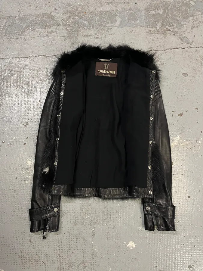 2010s Roberto Cavalli Fur Piano Black & White Leather Jacket - Image 8