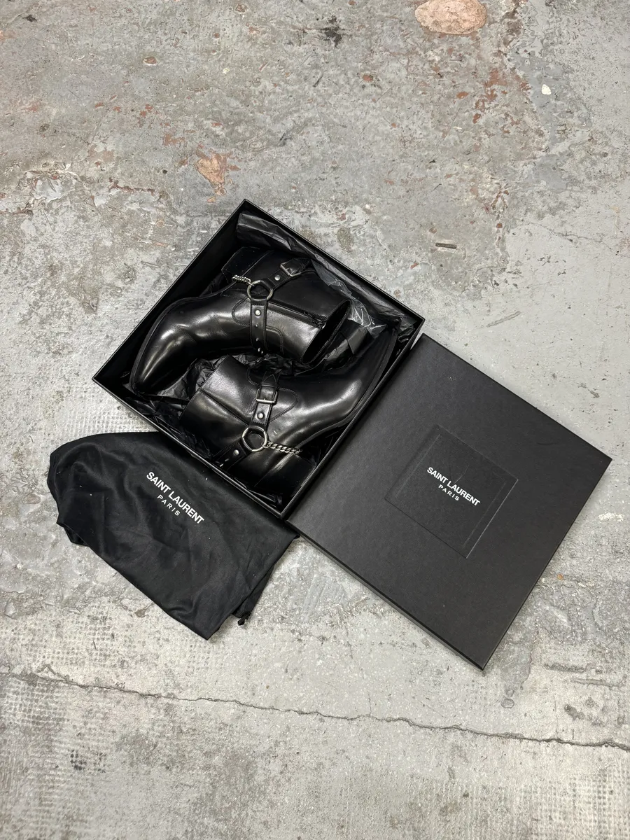 2010s Saint Laurent Black Leather Buckle Rocker Boots - Image 2
