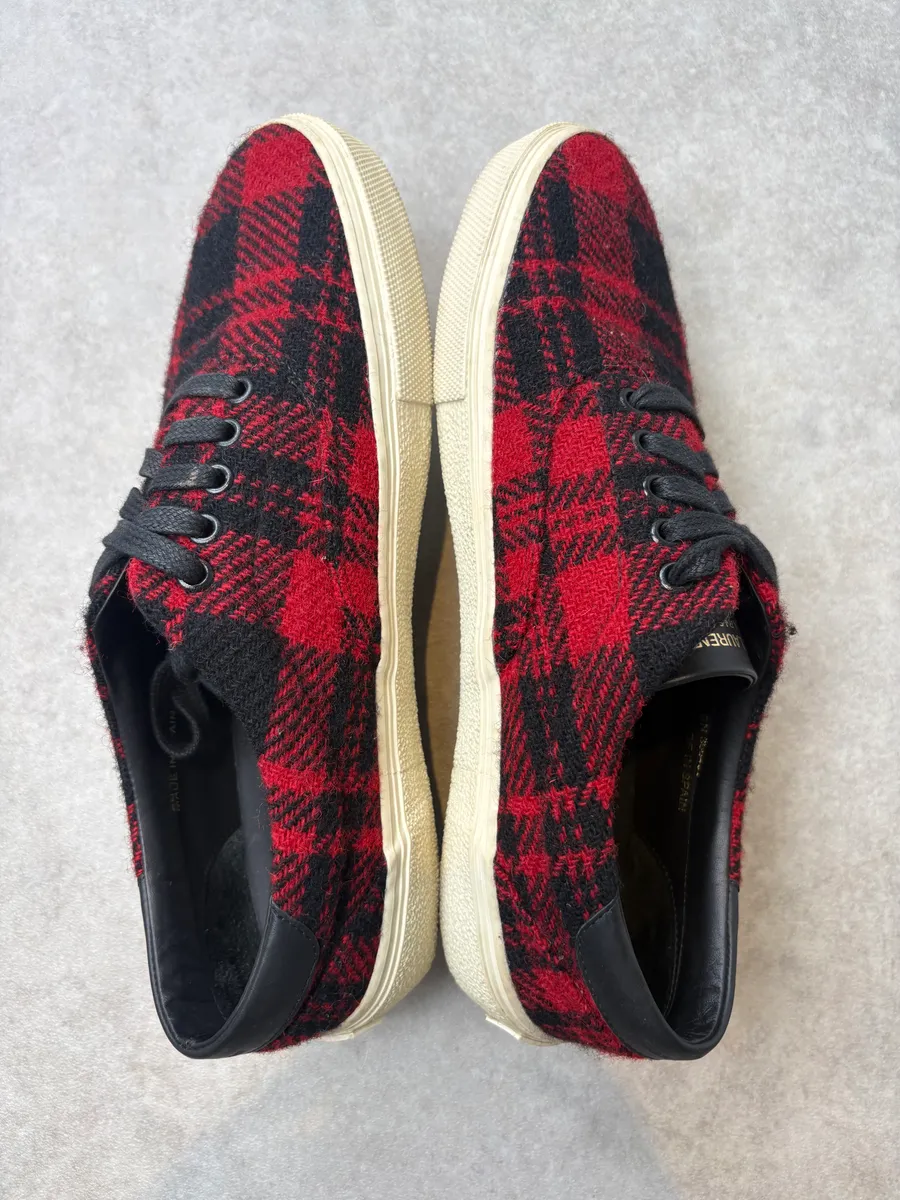 2010s Saint Laurent Red Black Wool Plaid Low Sneakers - Image 4