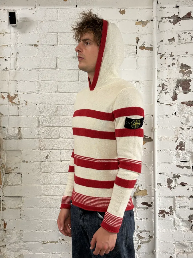 2010s Stone Island Cream Red Striped Wool Compass Patch Hoodie - Image 3