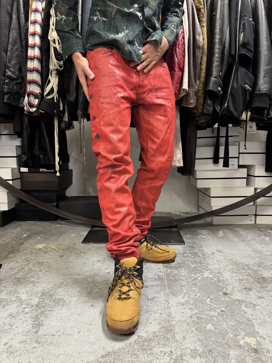 2012 Maison Margiela H&M Red Painted Slim Denim Jeans - Image 4