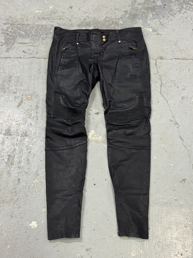 2015 Balmain H&M Black Leather Biker Pants by Olivier Roustaing