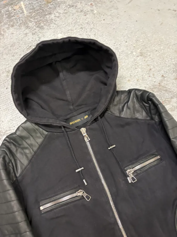 2015 Balmain H&M Black Padded Leather Hybrid Zip-up Sweatshirt - Image 5
