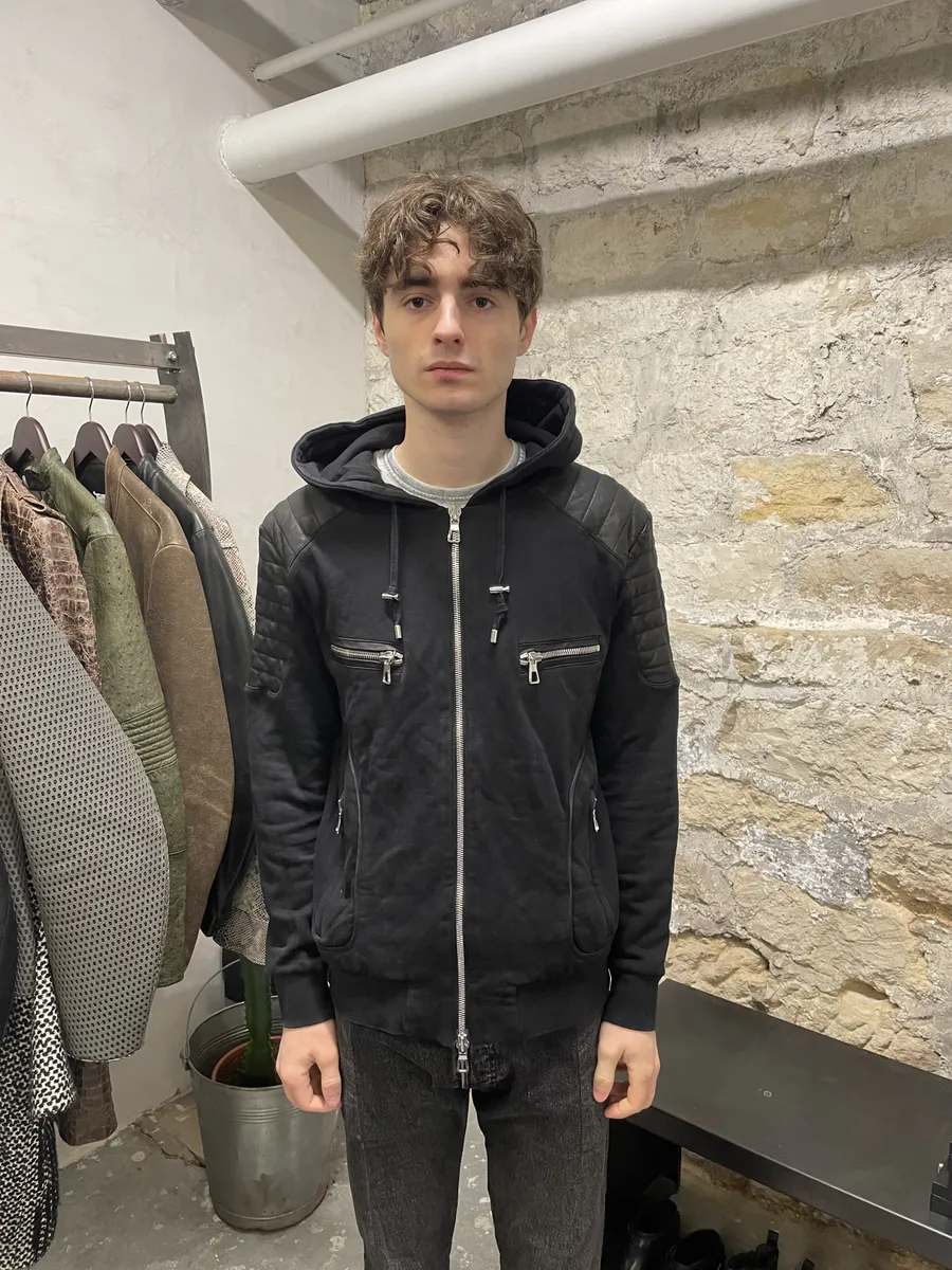 2015 Balmain H&M Black Hybrid Leather Padded Zip-Up Sweater - Image 4