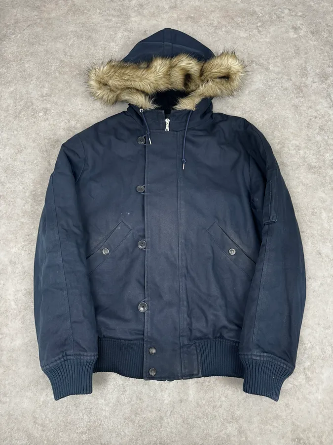 A.P.C. Navy Aviator Fur Hooded Bomber Jacket