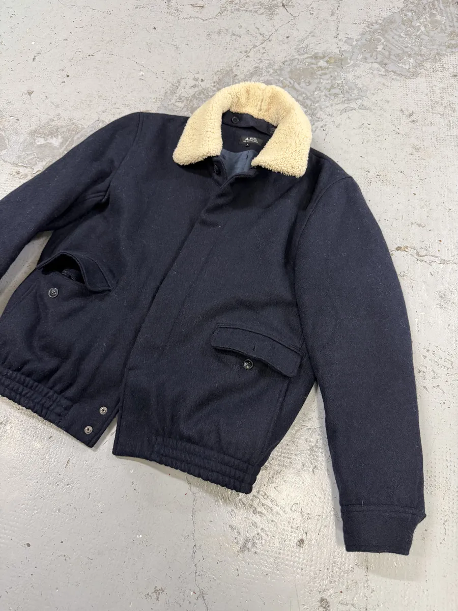 A.P.C Navy Beige Fur Collar Classy Jacket - Image 10