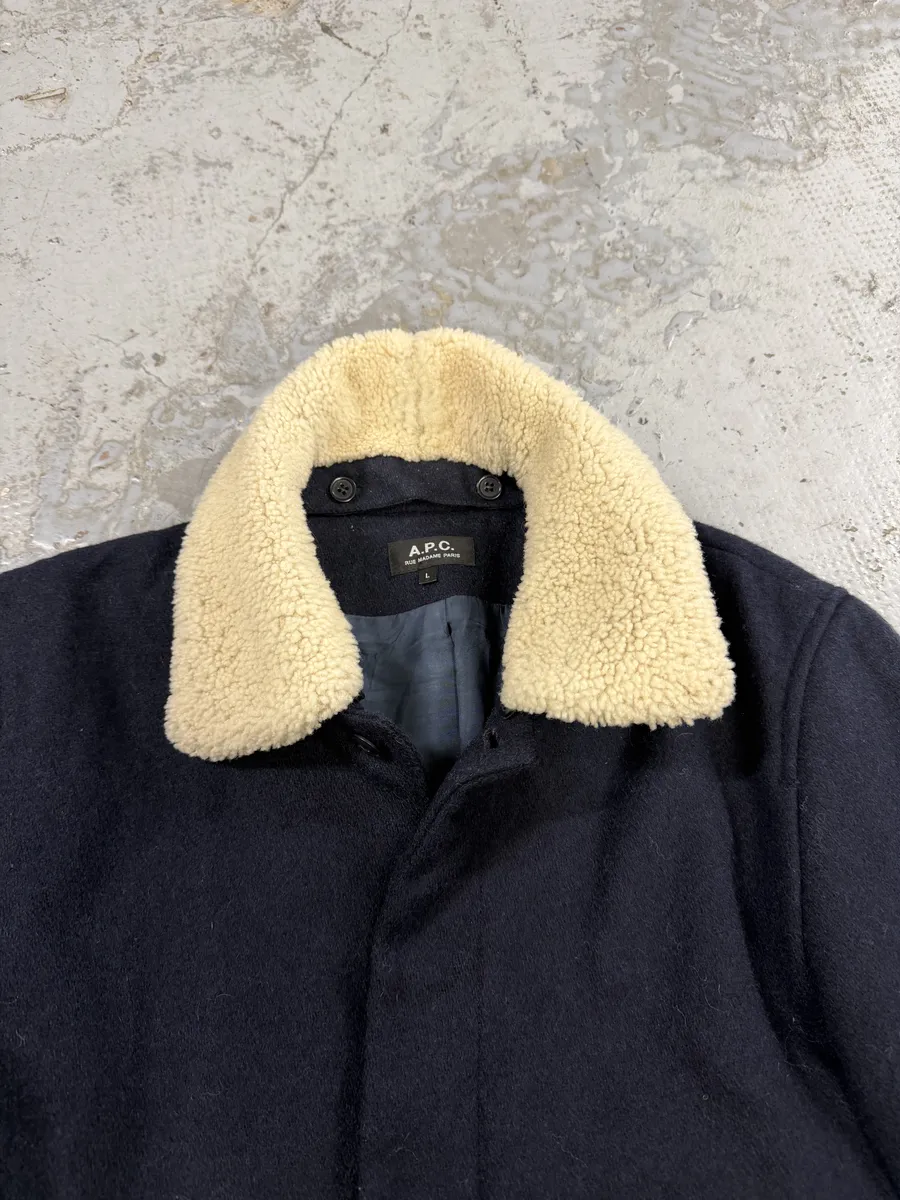 A.P.C Navy Beige Fur Collar Classy Jacket - Image 9