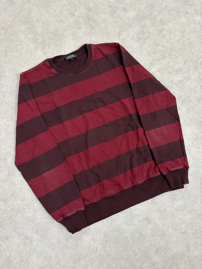 A.P.C. Red & Bordeaux Striped Crewneck Sweater - Image 4