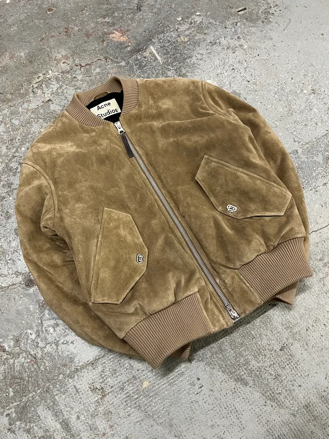 Acne Studios Beige Suede Leather Bomber Jacket - Image 4