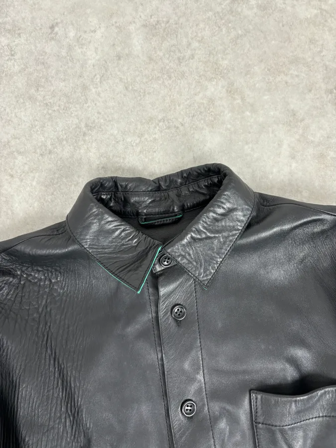 Acne Studios Black Leather Green Contrast Edges Shirt Jacket - Image 4