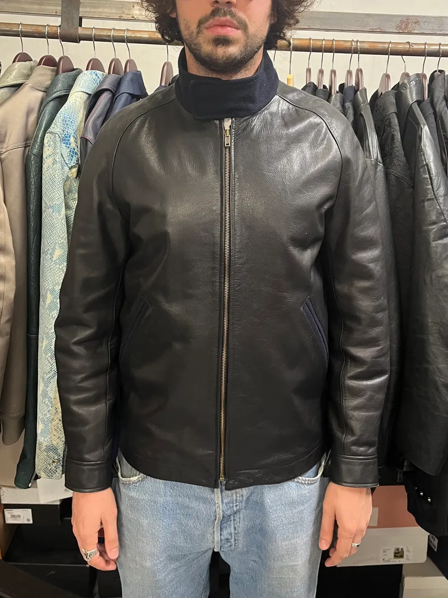 Acne Studios Black Leather & Navy Collar Jacket - Image 2