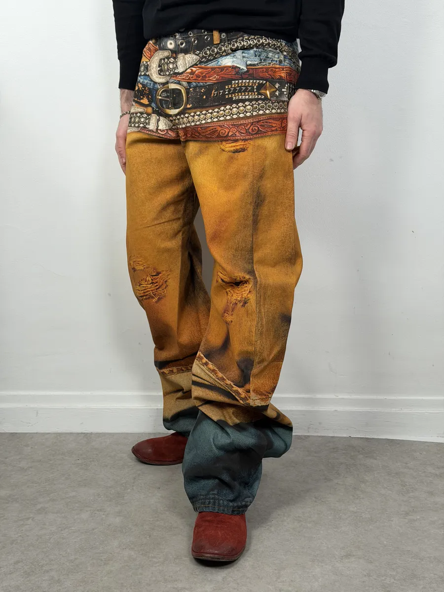 Acne Studios Trompe L’oeil Belts Orange Curved Print Pants - Image 3