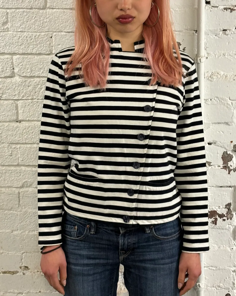 Agnès b. Black & White Officer Asymmetrical Striped Cardigan - Image 2