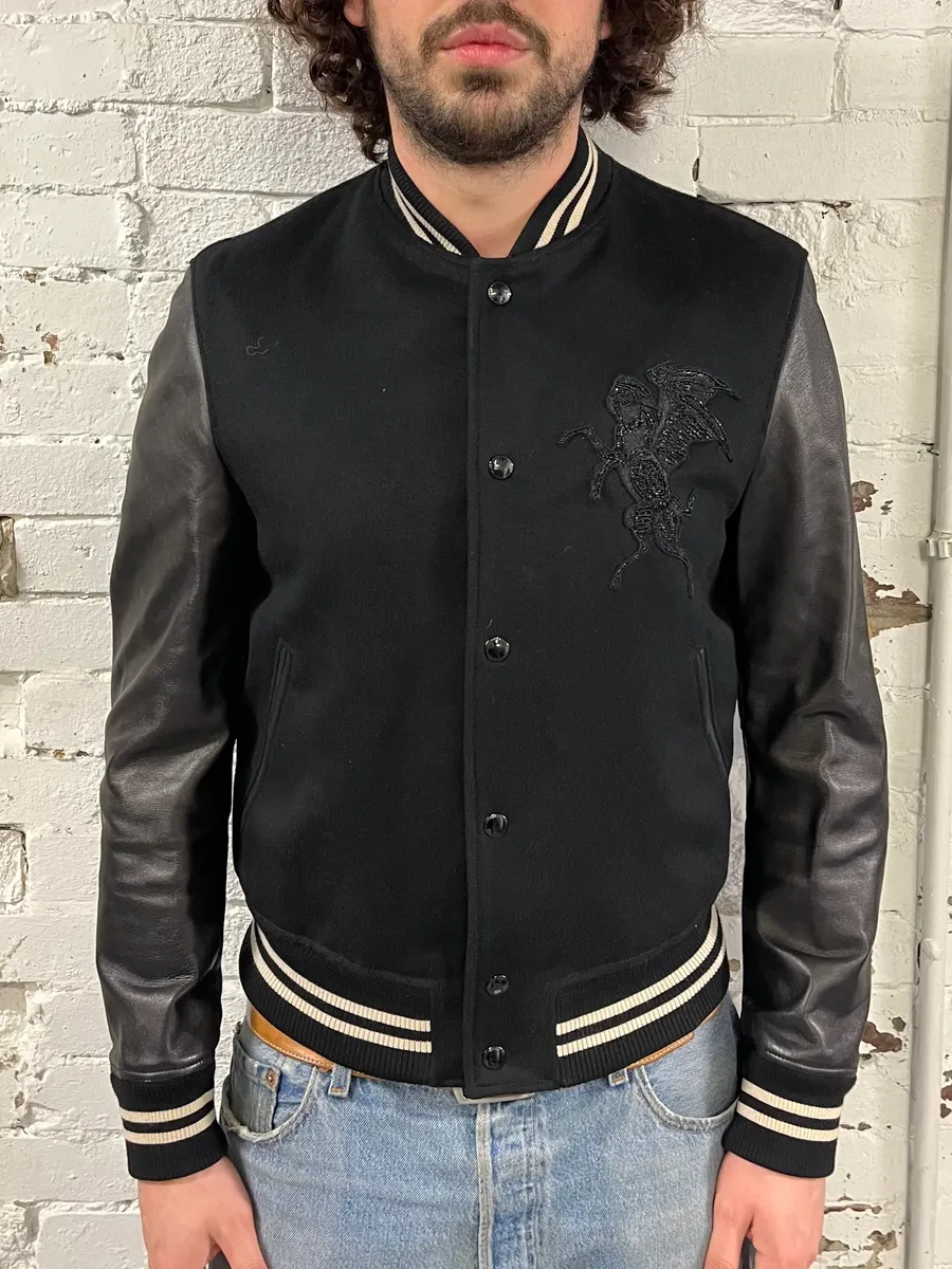 Alexander McQueen Leather Sleeves Embroidered Black Wool Bomber Jacket - Image 2