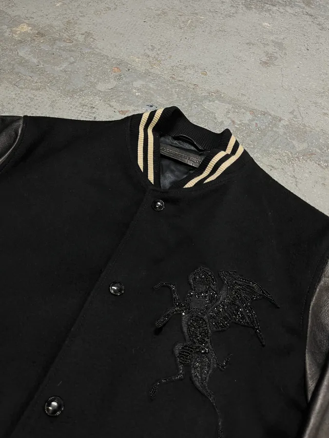 Alexander McQueen Leather Sleeves Embroidered Black Wool Bomber Jacket - Image 5