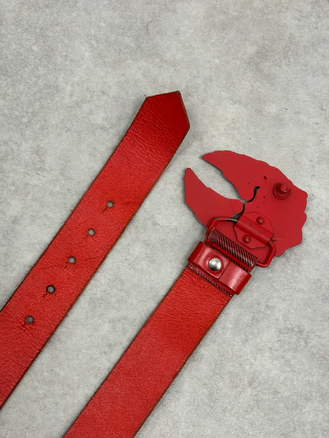 Alexander McQueen Winged Logo Buckle Red Leather Belt - Image 4