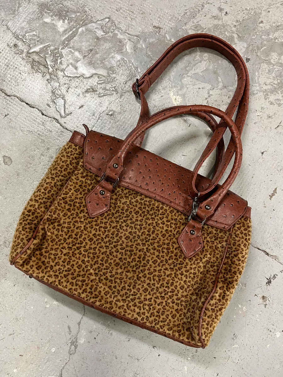 Archive Artisanal Brown Ostrich Embossed Leather Leopard Effect Bag - Image 3