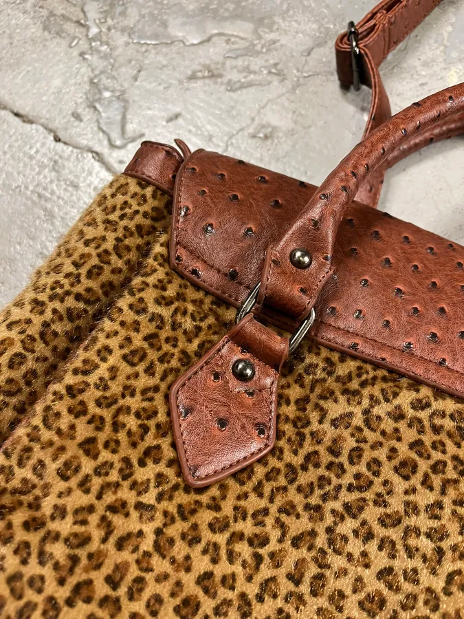 Archive Artisanal Brown Ostrich Embossed Leather Leopard Effect Bag - Image 5
