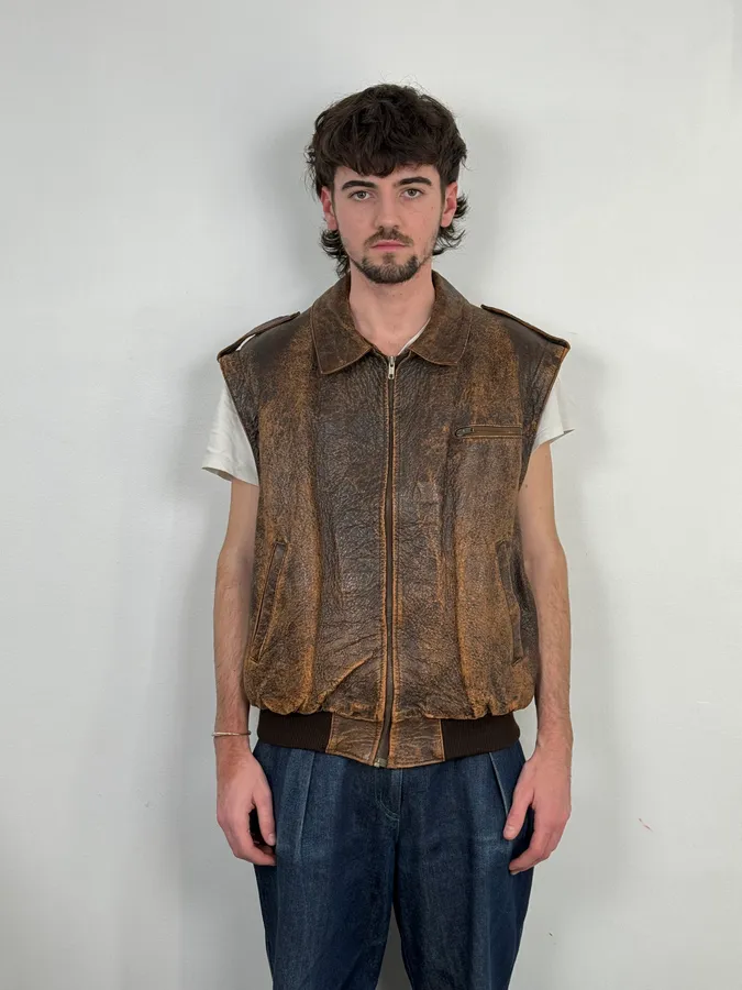 Archive Brown Eroded Leather Jacket with Detachable Sleeves - Image 4