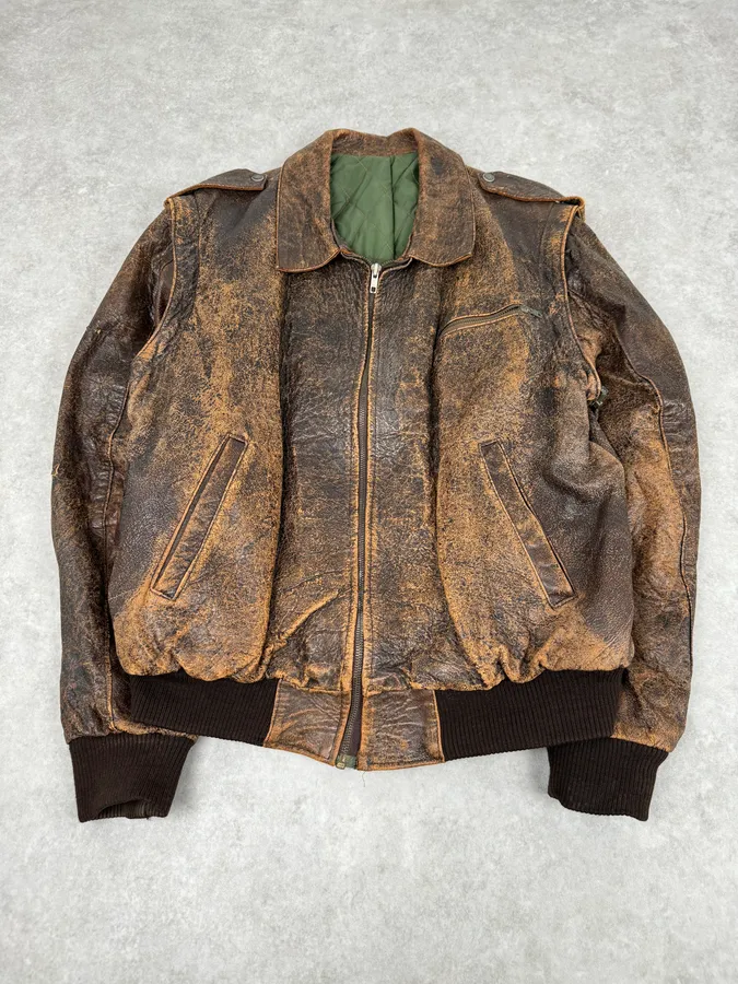 Archive Brown Eroded Leather Jacket with Detachable Sleeves - Image 6
