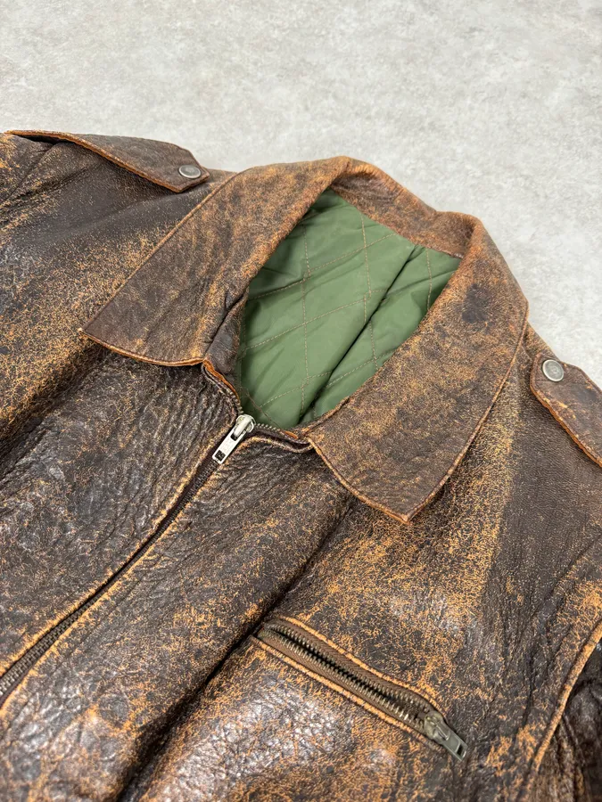 Archive Brown Eroded Leather Jacket with Detachable Sleeves - Image 9