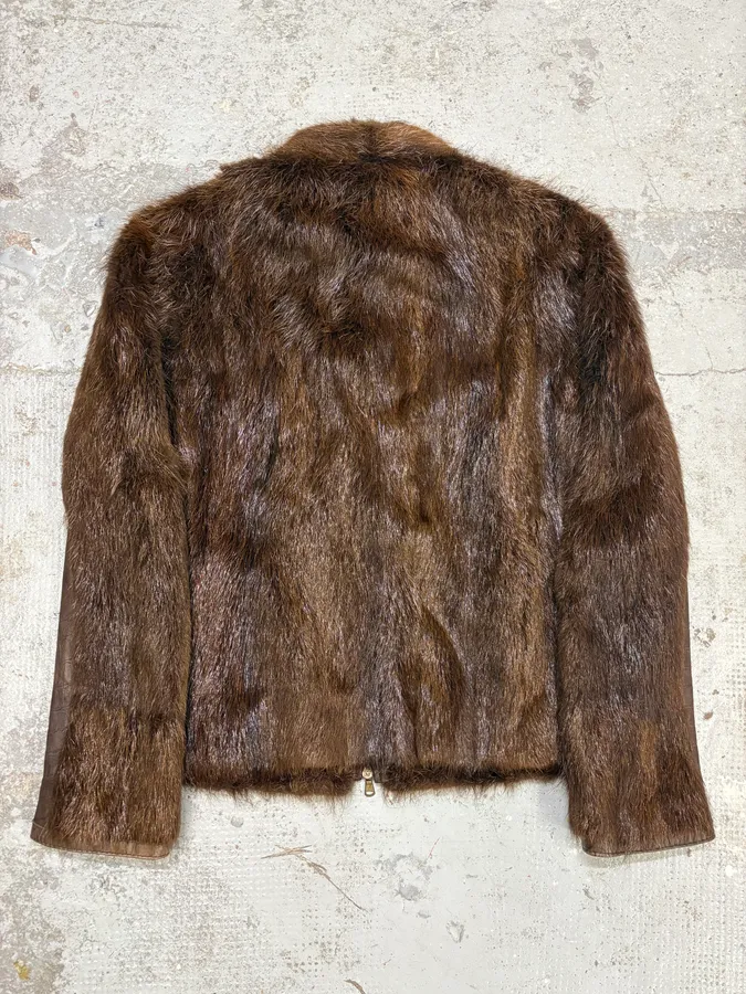 Archive Faux Fur Hybrid Brown Biker Leather Jacket - Image 7