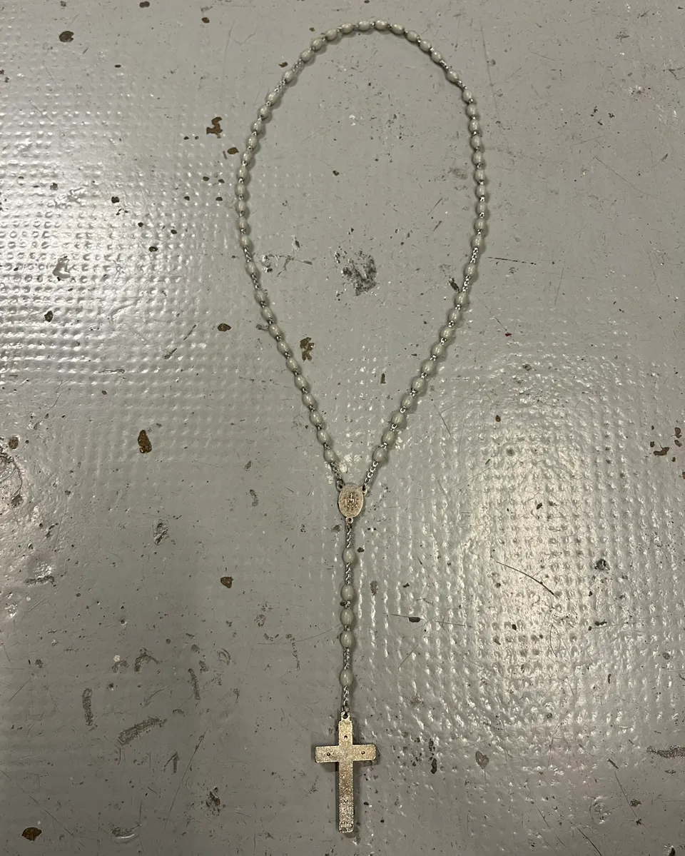 Archive Italian White Beaded Metal Rosary Cross Necklace - Image 5