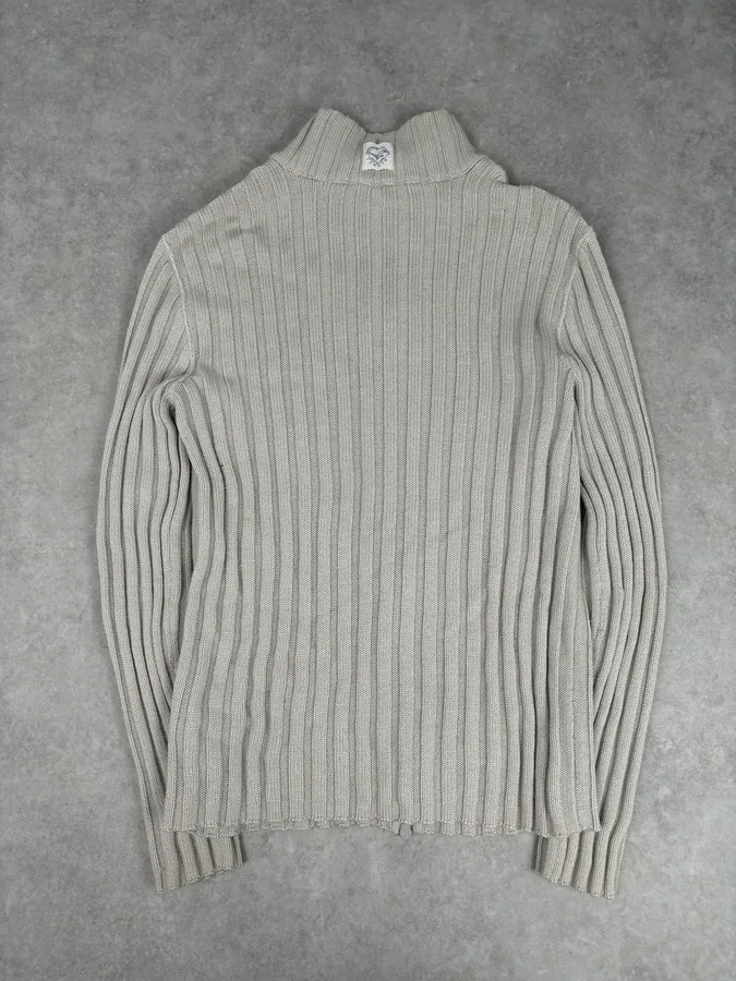 Armani Beige Knit Ribbed Zip-up Sweater - Image 6