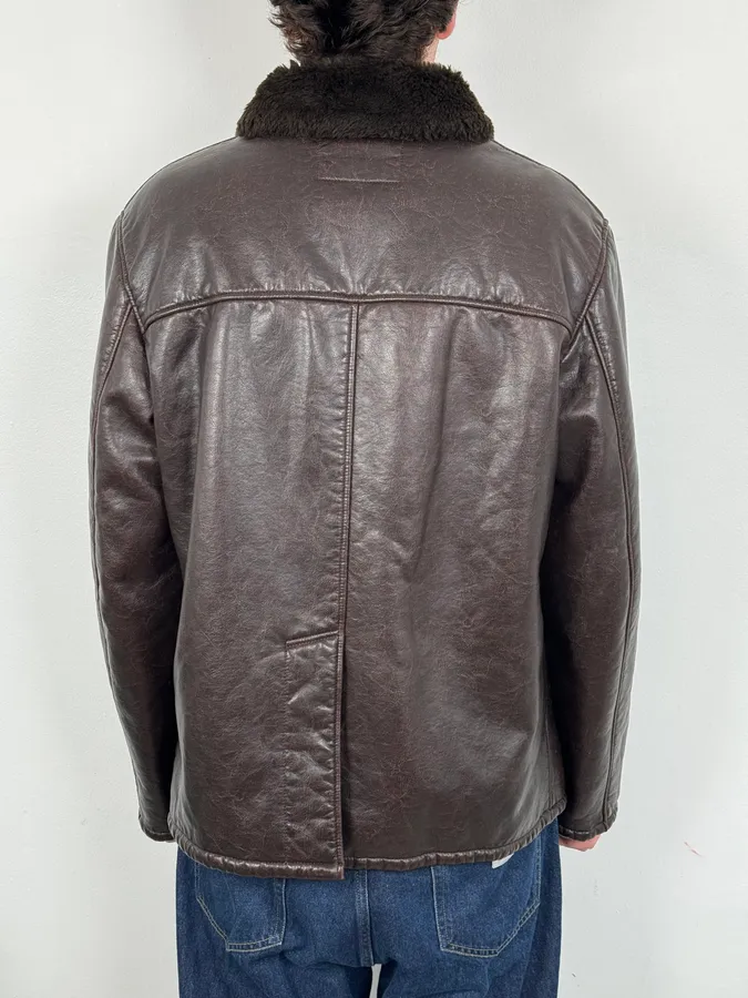 Armani Brown Shearling Collar Faux Leather Buttoned Jacket - Image 3