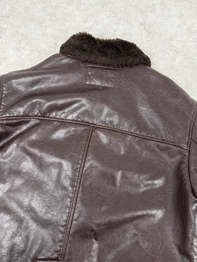 Armani Brown Shearling Collar Faux Leather Buttoned Jacket - Image 6