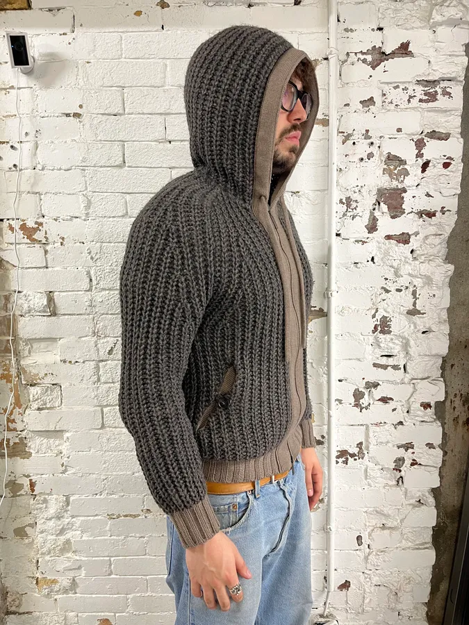 Armani Collezioni Wool Cable Knit Grey Zip-Up Hoodie - Image 4